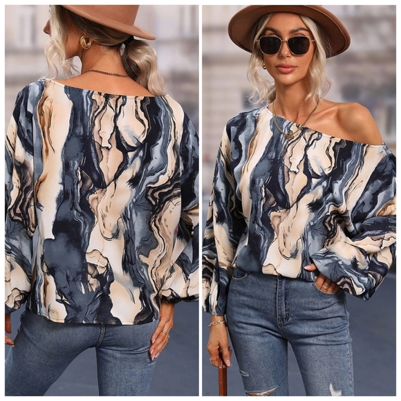 (Out Of Stock) Blue Printed Boat Neck Top - Picture 2 of 6